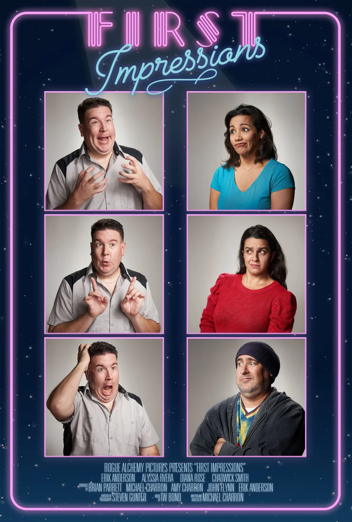First Impressions poster with a neon frame and portraits of the cast