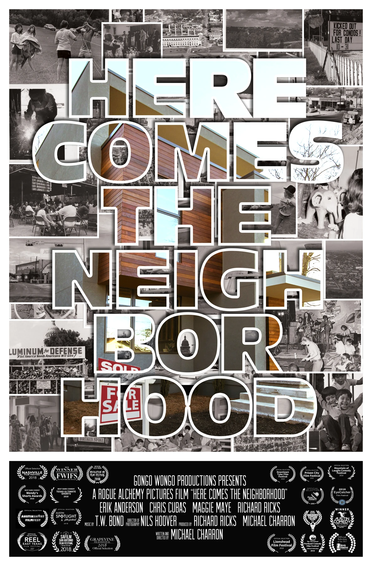 Here Comes the Neighborhood poster featuring a collage of Austin landmarks and neighborhood photographs