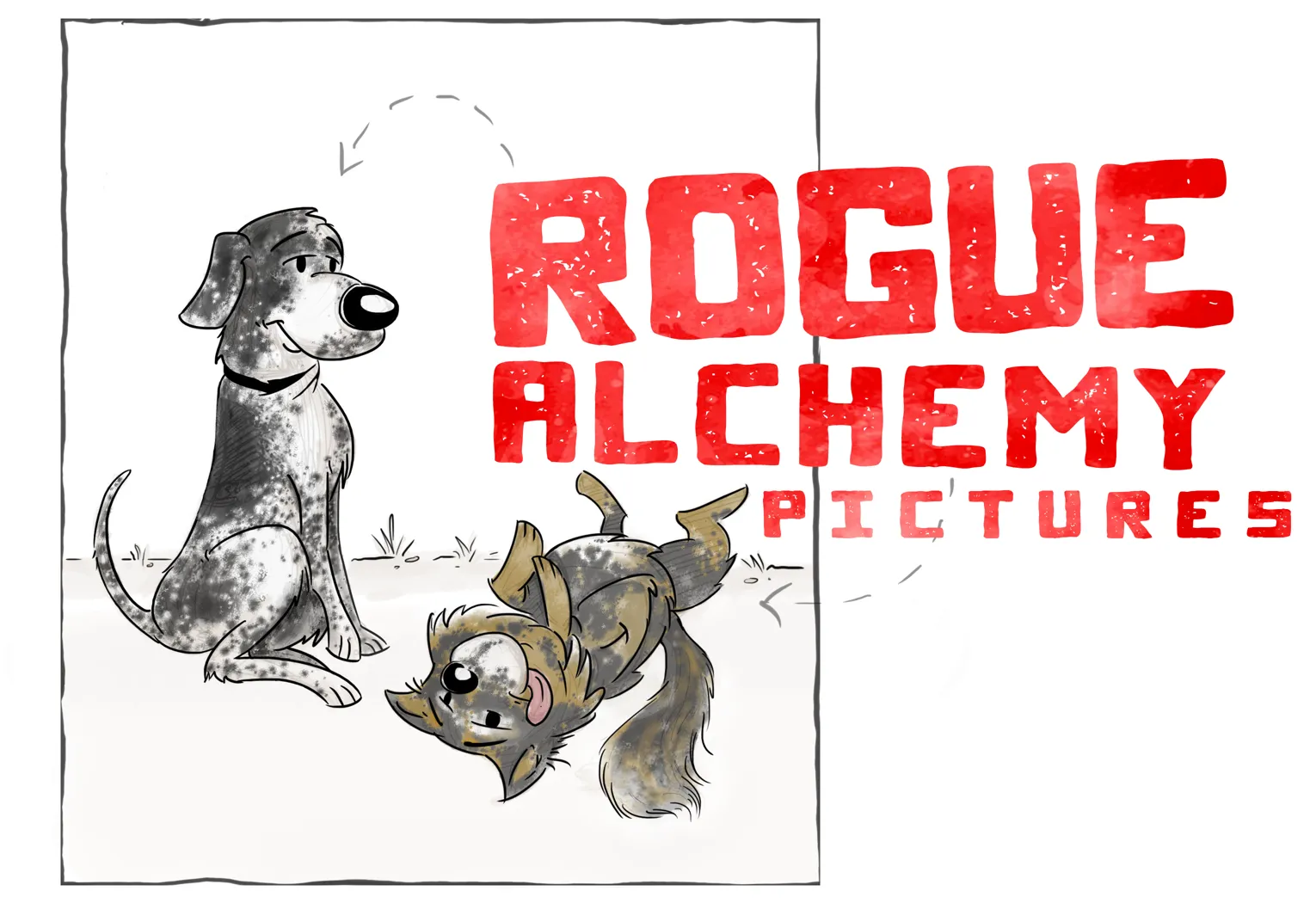 Rogue Alchemy Pictures: distressed red lettering alongside two hand-drawn dogs, one sitting upright and one upside down.