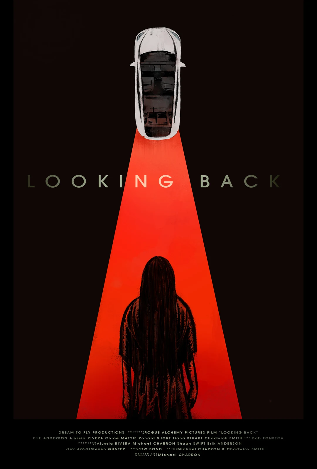 Looking Back film poster: a red beam connects a car and a ghostly figure