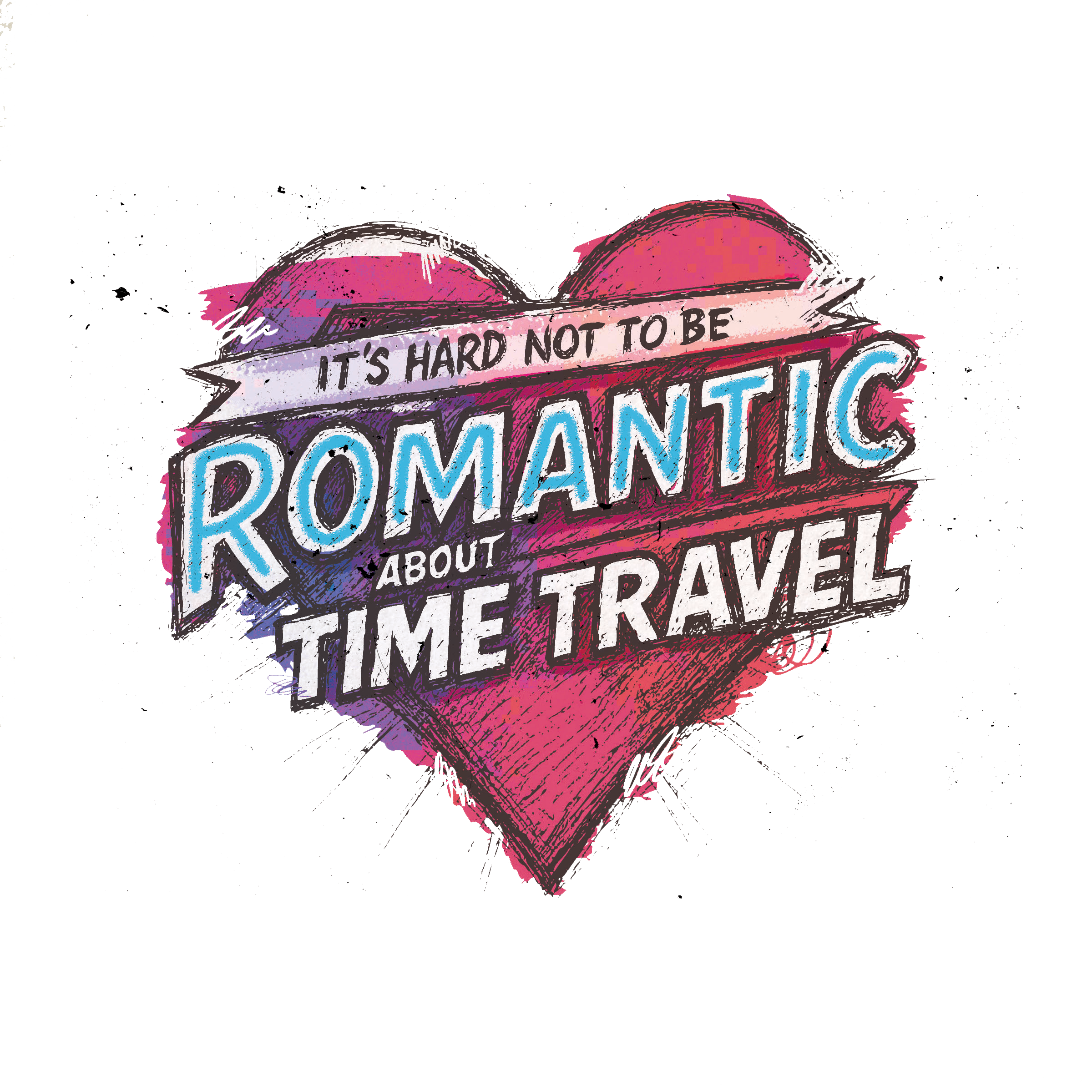 It’s Hard Not to be Romantic About Time Travel title artwork over a pink and purple heart